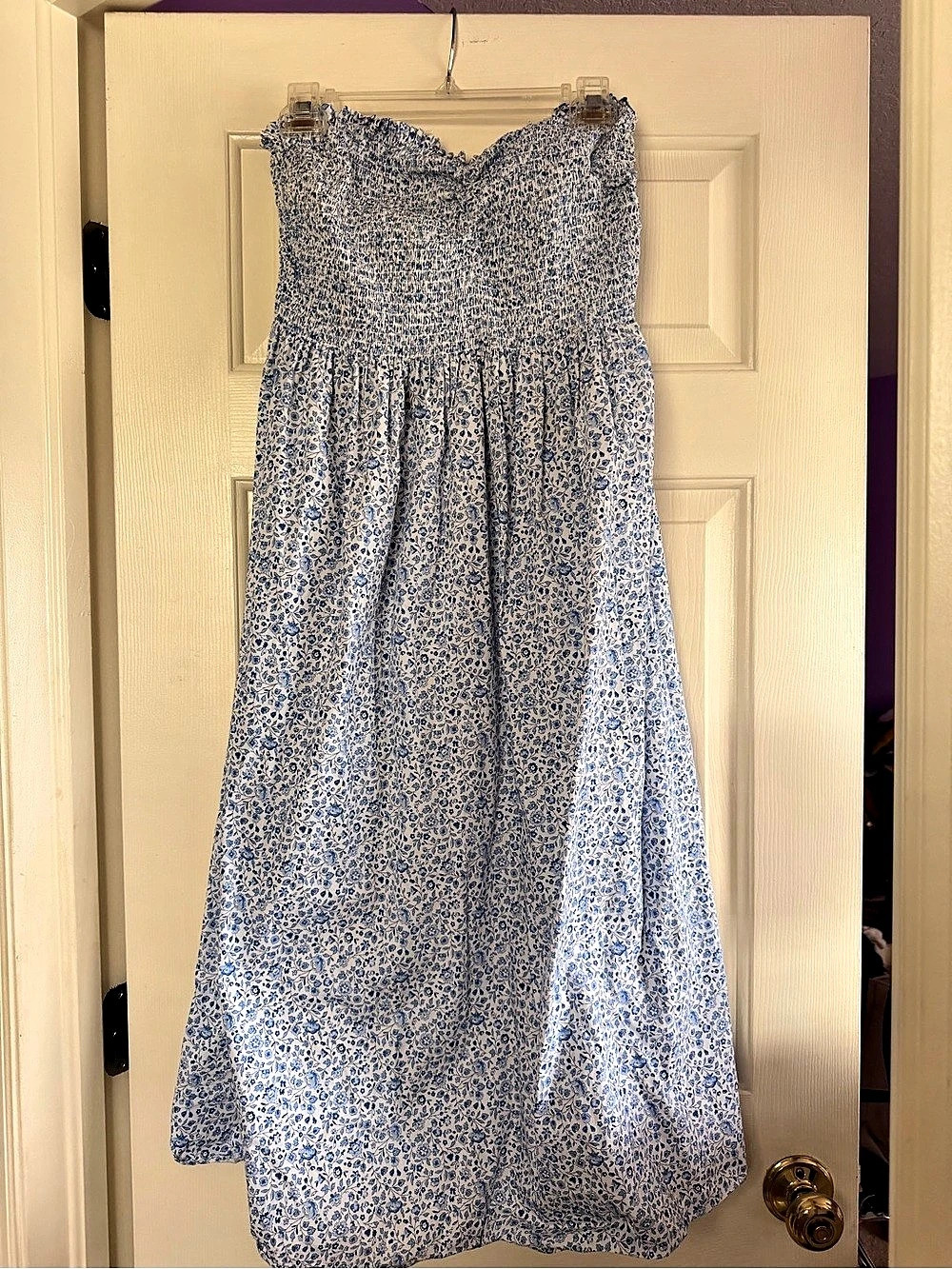 H&M Smocked-Bodice Bandeau Dress Floral Maxi Dress Blue & White Size L
